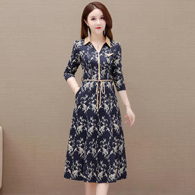 秋季新款，长袖裙时尚气质妈妈装系带收腰长款A字裙蓝色印花连衣裙QYM-JJ-92511-Y