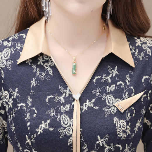 秋季新款，长袖裙时尚气质妈妈装系带收腰长款A字裙蓝色印花连衣裙QYM-JJ-92511-Y 商品图3