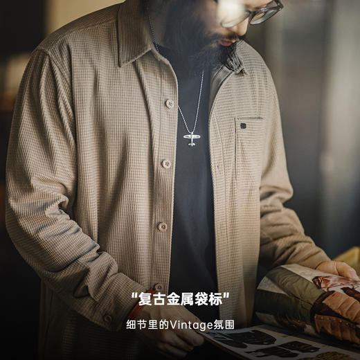 工装优选 美式复古玉米粒格子衬衫翻领纯色休闲松弛感长袖衬衣男秋 商品图2