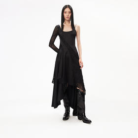 lostine cho 2023秋季新款设计师品牌醋酸蕾丝拼接不对称修身连衣裙