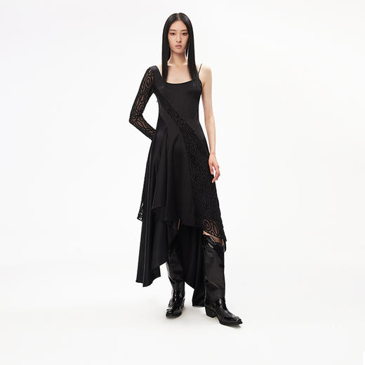 lostine cho 2023秋季新款设计师品牌醋酸蕾丝拼接不对称修身连衣裙 商品图0