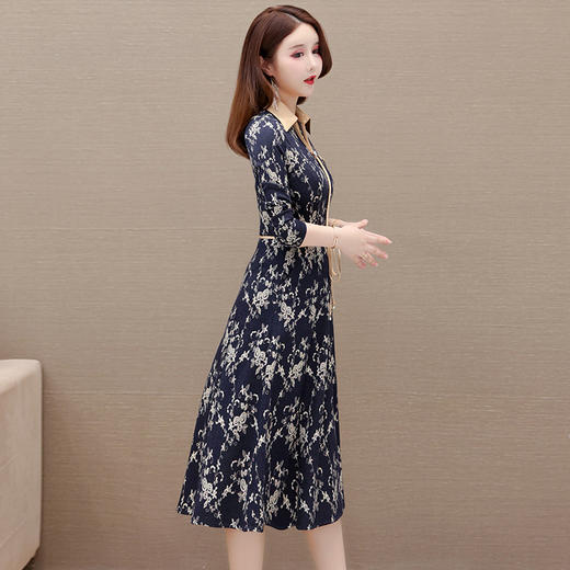 秋季新款，长袖裙时尚气质妈妈装系带收腰长款A字裙蓝色印花连衣裙QYM-JJ-92511-Y 商品图2