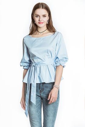 OCHIRLY欧时力 圆领泡泡袖系带上衣 3476