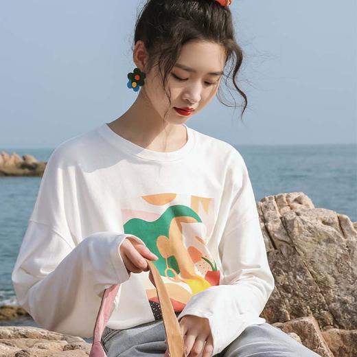 【纯棉油画印花T恤】百搭白色宽松圆领长袖打底衫 ins氛围感 100%纯棉面料 商品图0
