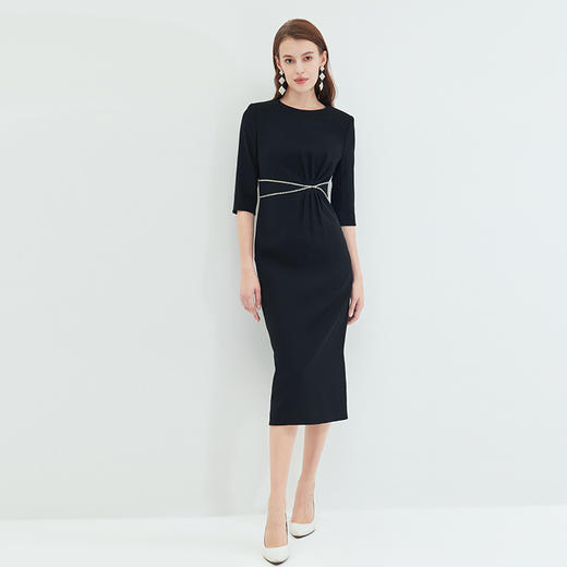 EITIE连衣裙气质优雅钉珠收腰显瘦简约通勤黑色连衣裙秋季新款（建议手洗或装洗衣袋机洗，不可直接机洗 ）C2307252 商品图6