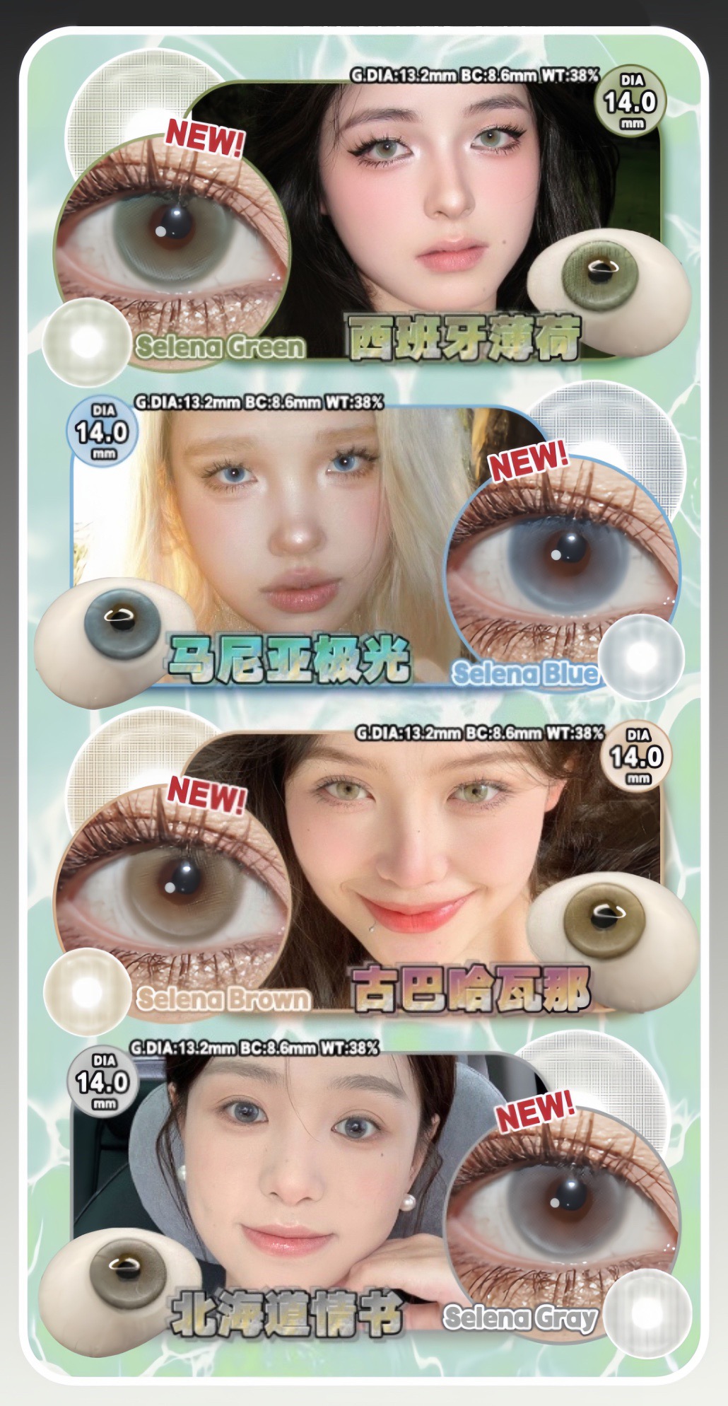 【无锁边清透混血】Selena棕/灰/蓝/绿喵咪瞳 14.0mm 着色13.2【瞳孔偏大可能会挡视线，介意慎拍】