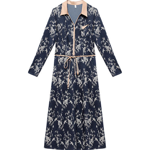 秋季新款，长袖裙时尚气质妈妈装系带收腰长款A字裙蓝色印花连衣裙QYM-JJ-92511-Y 商品图4