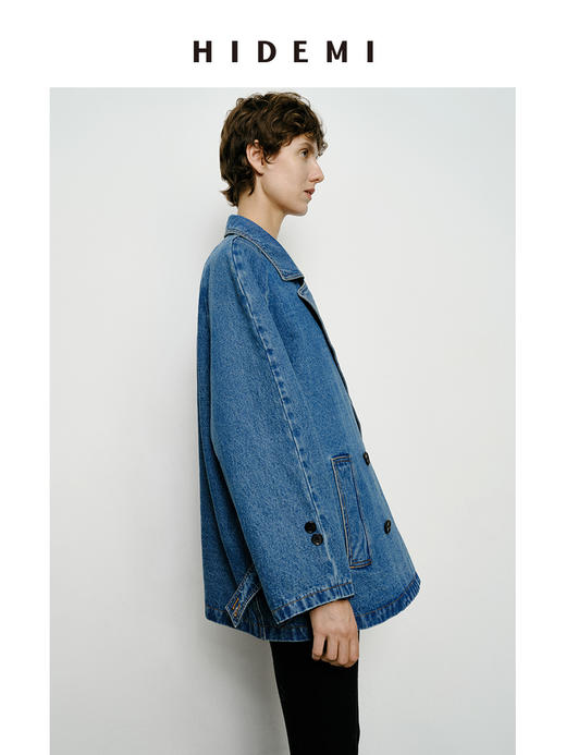 HIDEMI 双排扣翻领大廓形极简设计感水洗牛仔西装 商品图3