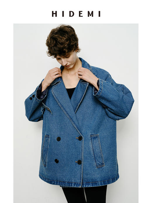 HIDEMI 双排扣翻领大廓形极简设计感水洗牛仔西装 商品图8