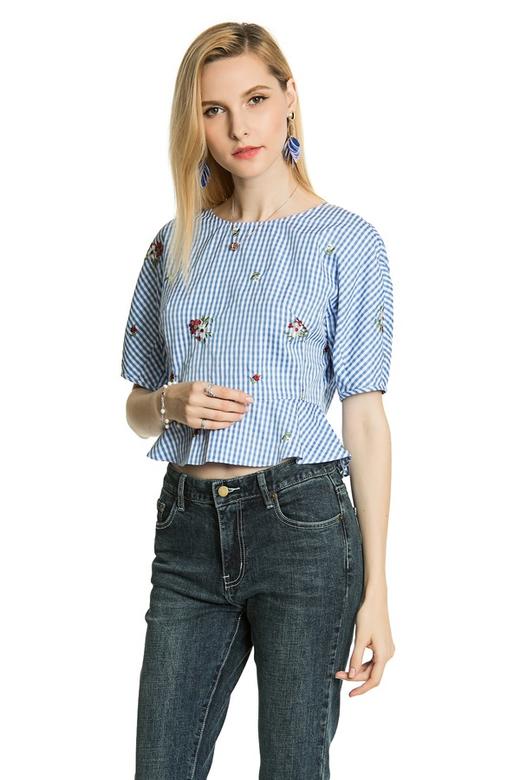 SUMMER & SAGE 蓝色绣花格纹上衣 3305 商品图2