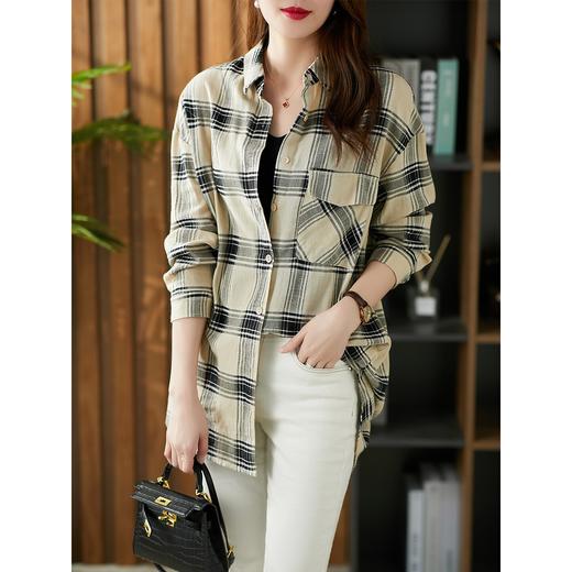 【现货7天】衬衫女2023新款秋装外套格子显瘦中长款休闲衬衣显瘦百搭衬衫 商品图0