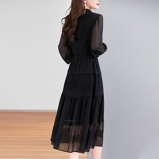 QS-82399677真丝桑蚕丝连衣裙女新款夏装气质衬衫式Polo领长袖小黑裙 商品图3