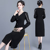 秋季新款，长袖裙时尚气质女装网纱拼结中长款开衩A字裙黑色连衣裙QYM-XY-23LQ05-Y 商品缩略图2