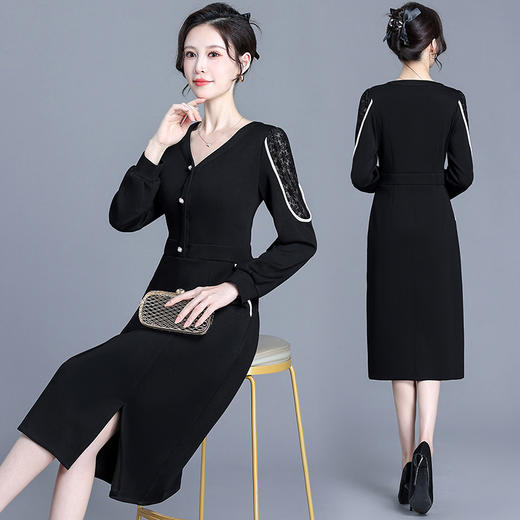 秋季新款，长袖裙时尚气质女装网纱拼结中长款开衩A字裙黑色连衣裙QYM-XY-23LQ05-Y 商品图2