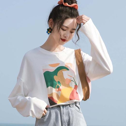 【纯棉油画印花T恤】百搭白色宽松圆领长袖打底衫 ins氛围感 100%纯棉面料 商品图1