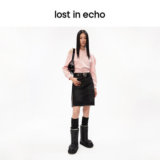 lost in echo设计师品牌高级时尚简约圆领露肩不对称截短卫衣黑色 商品图3