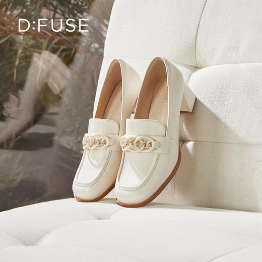 Dfuse迪芙斯秋季新款方头双色链条通勤粗跟乐福鞋DF33112119 商品图8