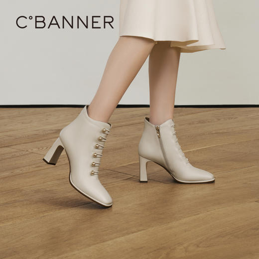 千百度高跟羊皮马丁靴秋冬时尚短靴子显瘦女鞋粗跟时装靴A23578008 商品图0