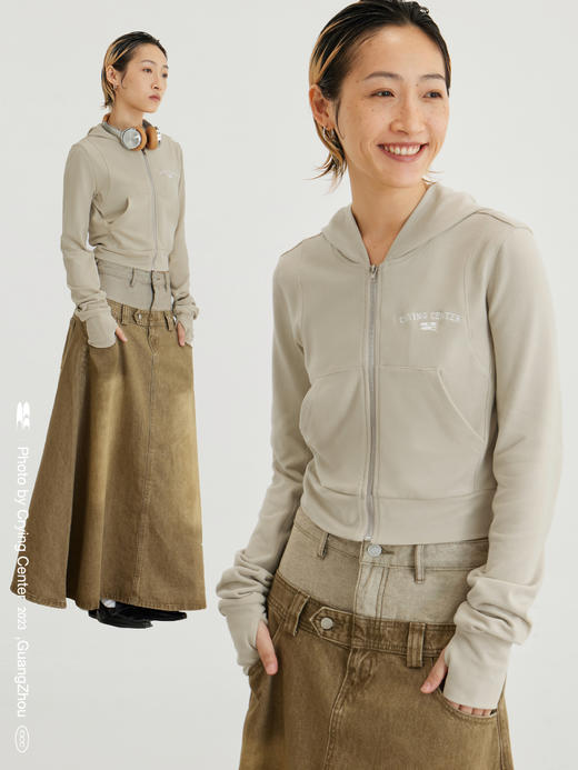 CryingCenter 米杏深灰连帽紧身短款拉链卫衣开衫 哭喊中心 商品图4