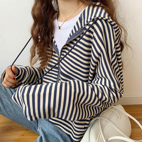 【条纹连帽短款外套】秋冬新款韩版宽松外套   拉链条纹长袖上衣潮