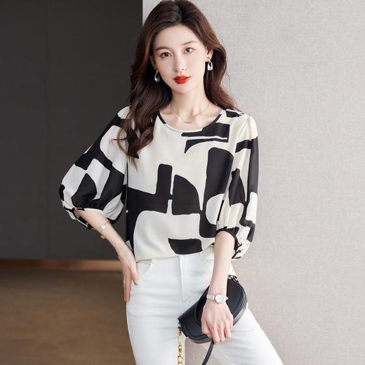 2023夏季新款雪纺衫七分袖衬衫女大码T恤圆领小衫5009 商品图0