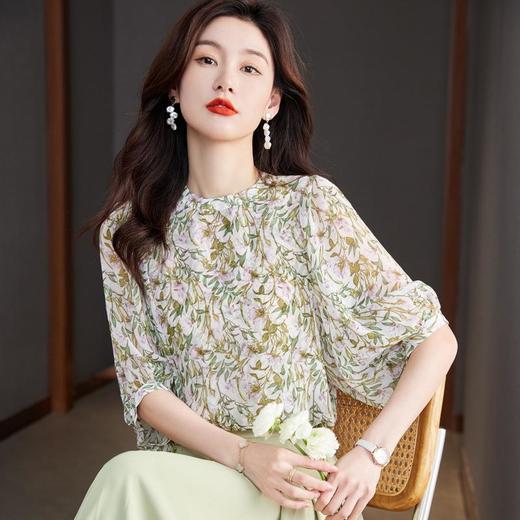 2023夏季新款雪纺衫七分袖衬衫女大码T恤圆领小衫5015 商品图0