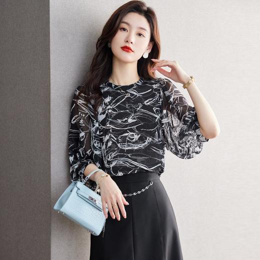 2023夏季新款雪纺衫五分袖衬衫女大码T恤圆领小衫5021 商品图0