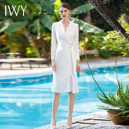 IWY/新款高级感白色长袖连衣裙女气质西装裙上镜工作服A型秋季Q988 商品图1