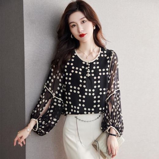 2023夏季新款雪纺衫长袖衬衫女大码T恤圆领小衫5006 商品图0