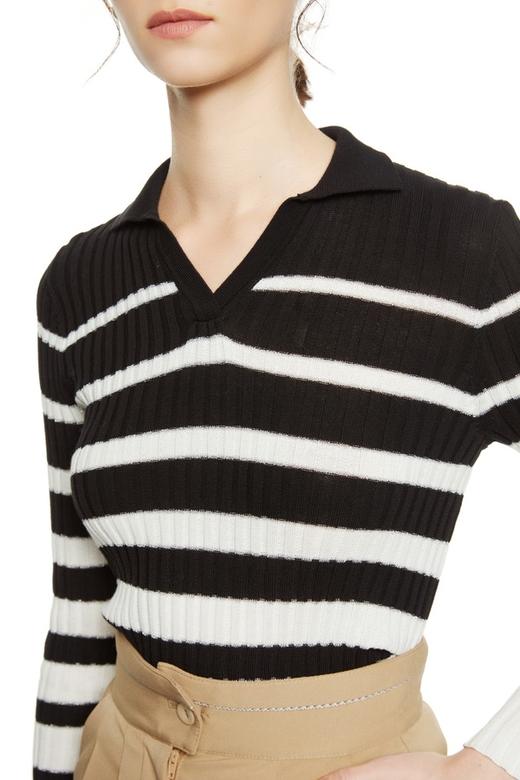SUMMER & SAGE 黑白条纹小V领毛衫 7812 商品图3
