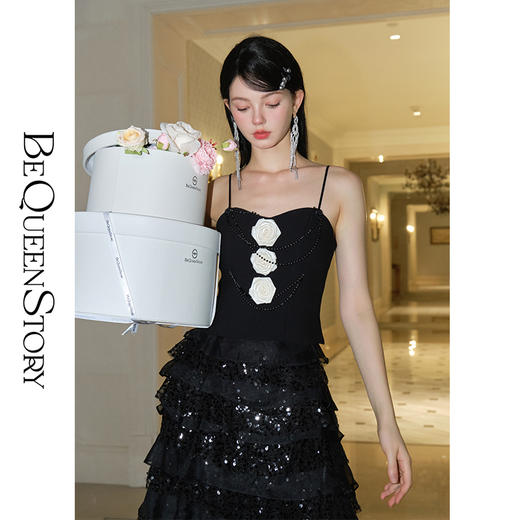 BeQueenStory【茶花晚宴】时尚名媛风法式小众显瘦优雅性感吊带女 商品图0