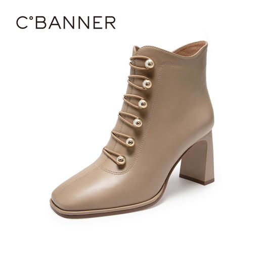 千百度高跟羊皮马丁靴秋冬时尚短靴子显瘦女鞋粗跟时装靴A23578008 商品图1