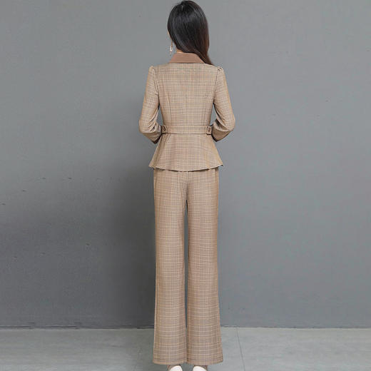 DD-时尚格纹两件套秋季新款职业女装长袖上衣直筒长裤优雅气质套装 商品图2