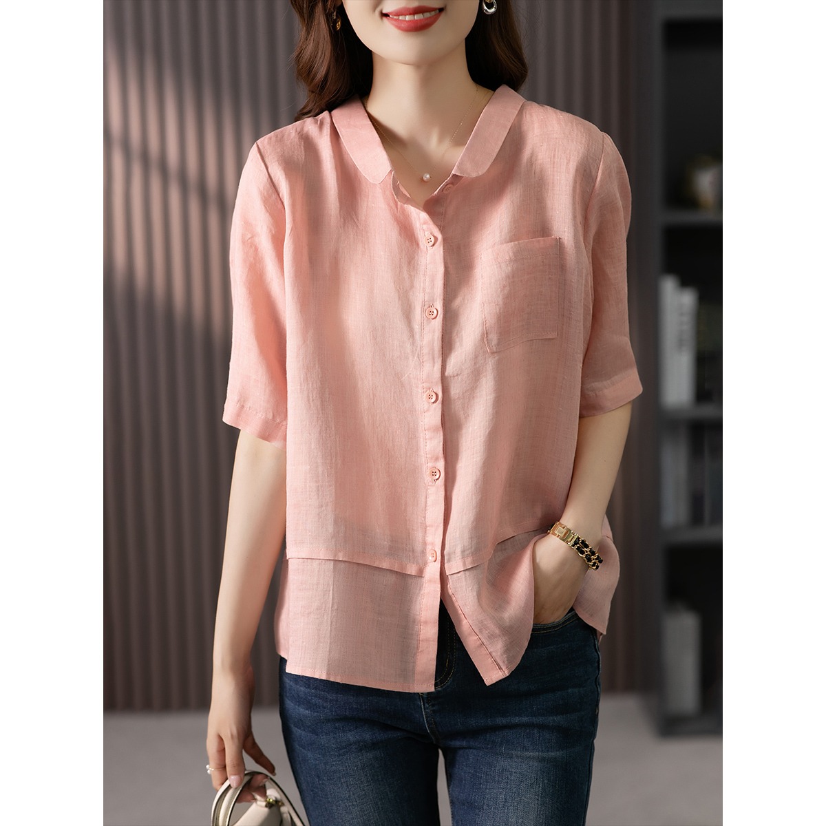 【现货7天】苎麻衬衫女文艺复古上衣2023夏季新款韩版宽松休闲百搭衬衣薄