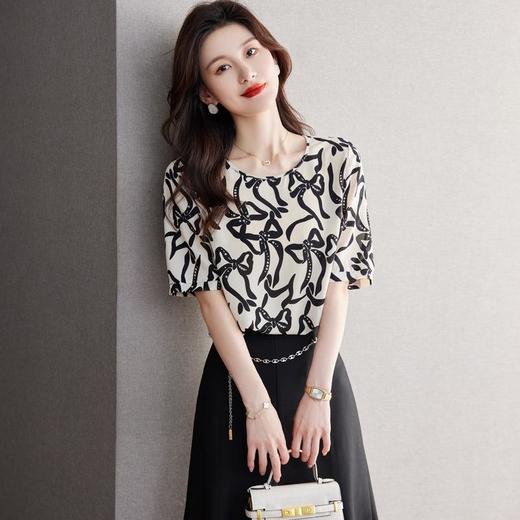 2023夏季新款雪纺衫短袖洋气衬衫女大码T恤圆领小衫5005 商品图0