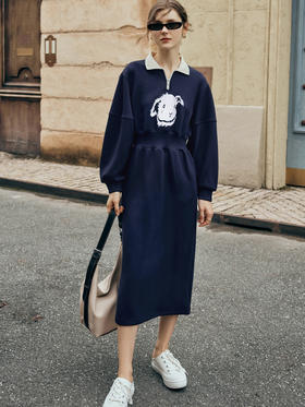 欧芮儿长袖Polo领卫衣连衣裙女高级感秋季2023年新款收腰长款休闲