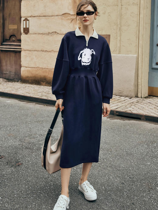 欧芮儿长袖Polo领卫衣连衣裙女高级感秋季2023年新款收腰长款休闲 商品图0