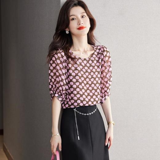 2023夏季新款雪纺衫短袖衬衫女大码T恤圆领小衫洋气5022 商品图1
