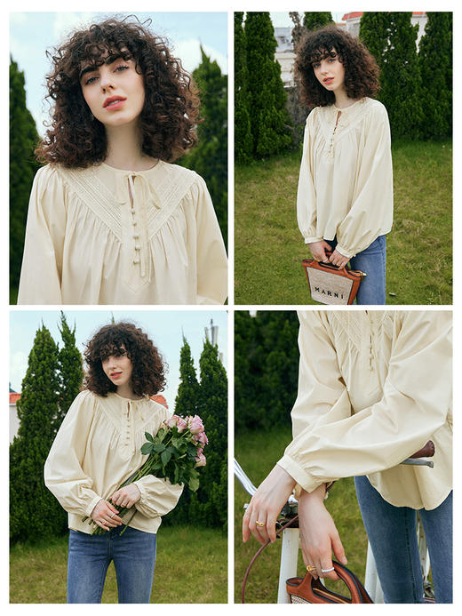 OLrain欧芮儿奶油杏蕾丝雪纺衫女初秋2023年新款宽松法式系带小衫 商品图1