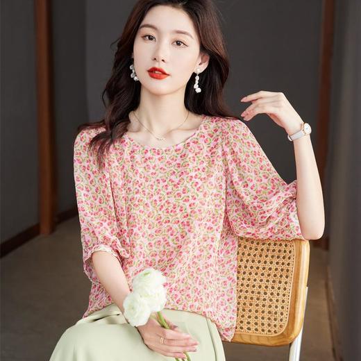 2023夏季新款雪纺衫五分袖衬衫女大码T恤圆领小衫5018 商品图0