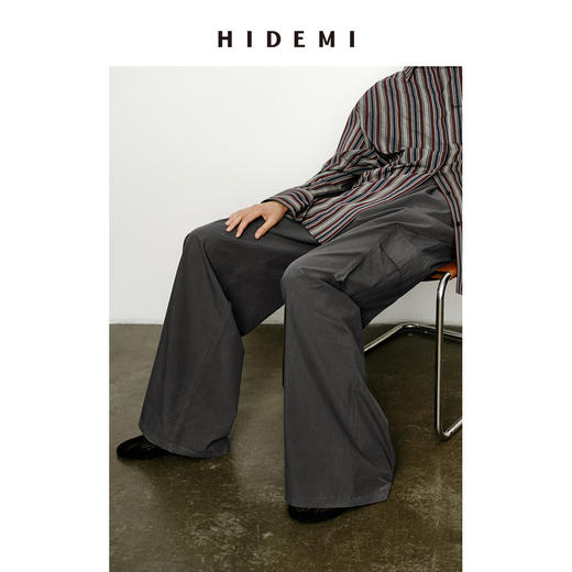 HIDEMI 工装设计感大口袋抽绳腰带式中低腰阔腿裤 黑色/灰色 商品图4