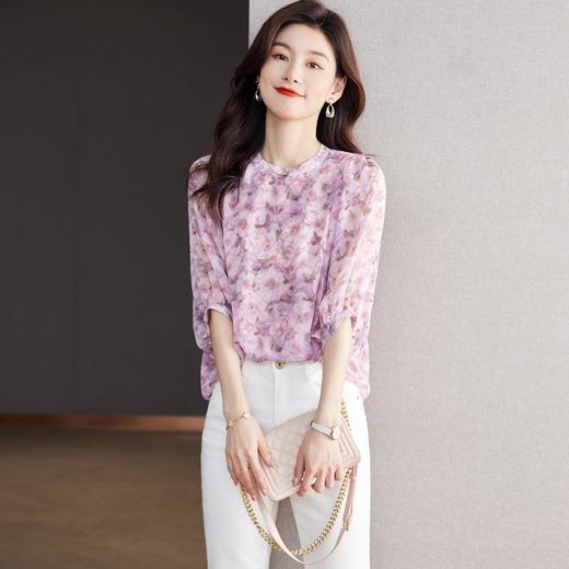 2023夏季新款雪纺衫五分袖衬衫女大码T恤圆领小衫5016 商品图0