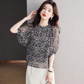 2023夏季新款雪纺衫灯笼袖衬衫女大码T恤圆领小衫5007