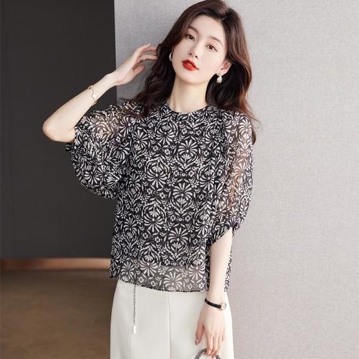 2023夏季新款雪纺衫灯笼袖衬衫女大码T恤圆领小衫5007 商品图0