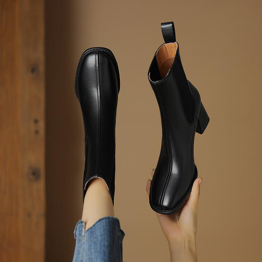 棕色粗跟法式小短靴，方头马丁软皮及裸靴DTN-A08-35 商品图3