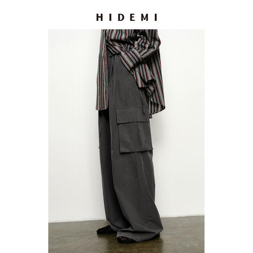 HIDEMI 工装设计感大口袋抽绳腰带式中低腰阔腿裤 黑色/灰色 商品图3