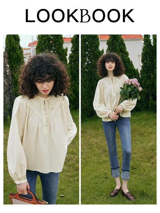 OLrain欧芮儿奶油杏蕾丝雪纺衫女初秋2023年新款宽松法式系带小衫 商品图3