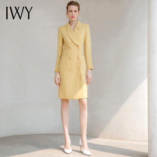 IWY/高端洋气黄色连衣裙长袖主持人职业装女时尚双排扣西装裙233043Q1 商品图0