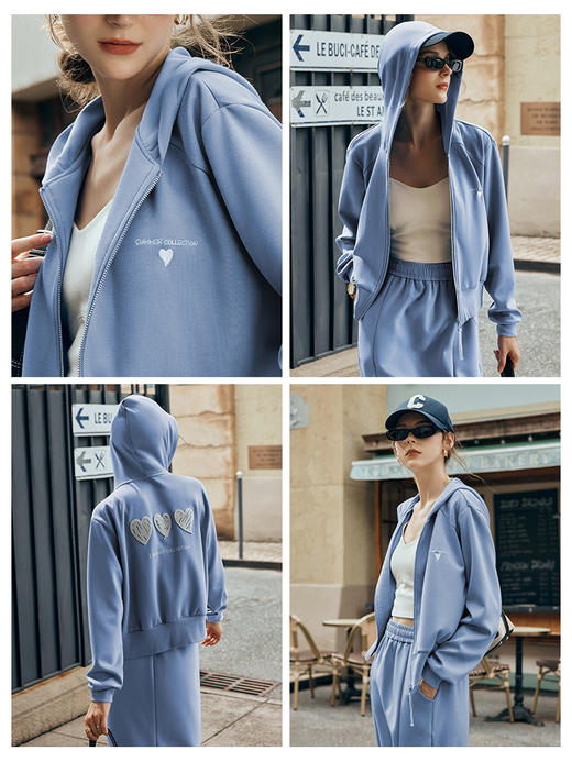 欧芮儿蓝色休闲运动套装女连帽卫衣外套短款秋季2023新款洋气半裙 商品图1