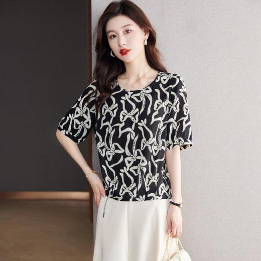 2023夏季新款雪纺衫短袖洋气衬衫女大码T恤圆领小衫5005 商品图2